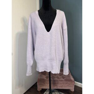 Free People Lavender Ribbed Knit V Neck Raglan Sleeves Pullover Sweater SZ Large